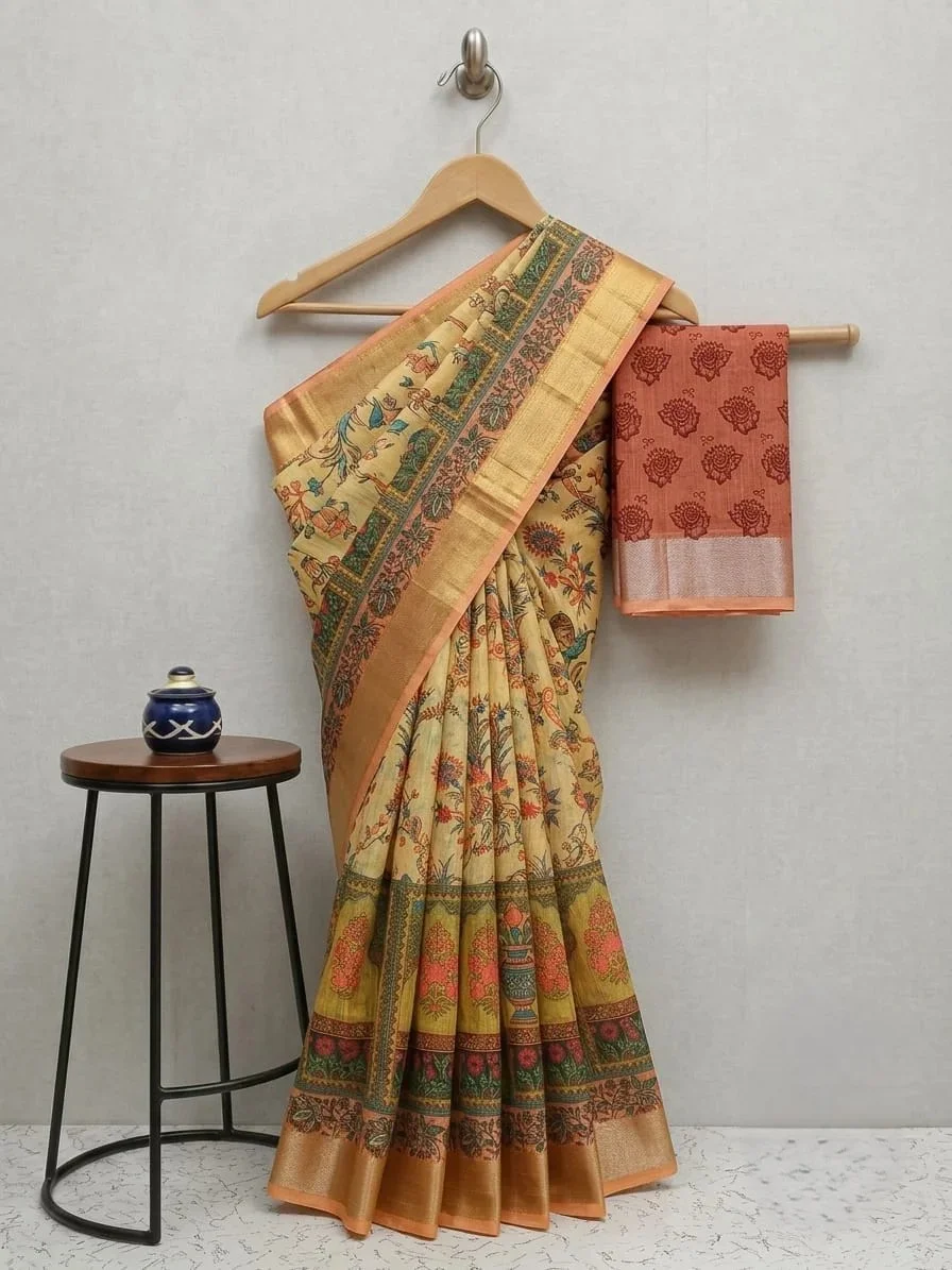 Mustard Yellow Handloom Linen Cotton Saree